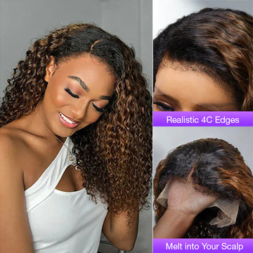 Ombre Brown Curly 4C Edges Hairline Wigs Deep Wave 13x4 HD Lace Front Wigs Gorgeous Mix Color P1B/30