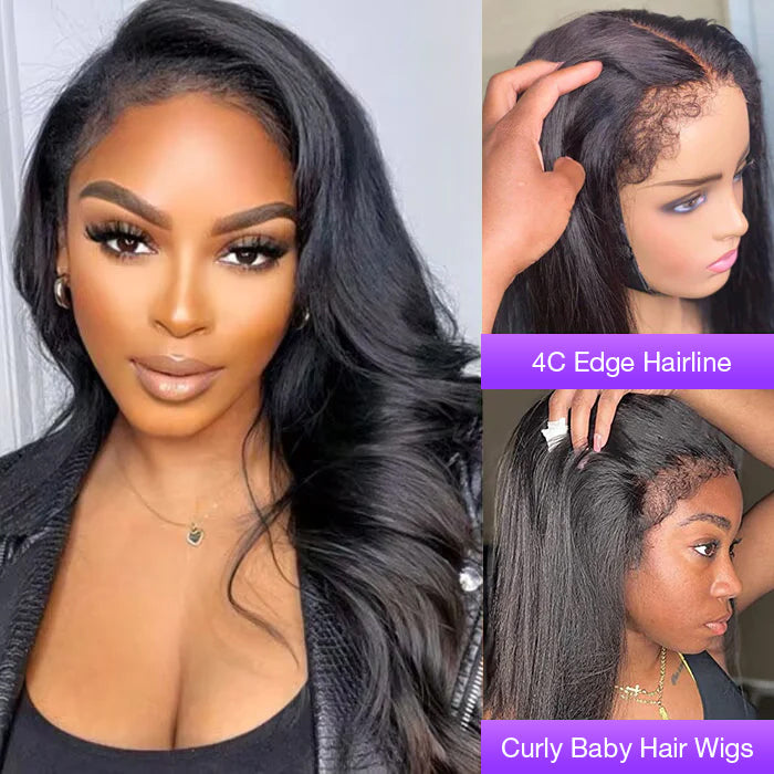 Natural 4C Edges Curly Baby Hair 13X4 HD Lace Front Human Hair Wigs Body Wave Wigs