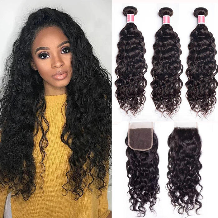 Peruvian Water Wave 3 Bundles with 4*4 Lace Closure Virgin Human Hair