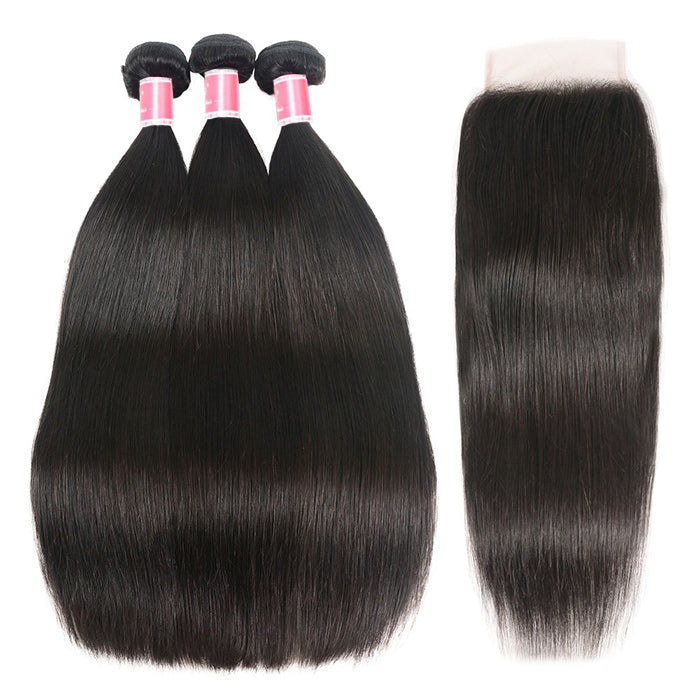 Malaysian Straight Hair 3 Bundles with 4*4 Closure Soft Unprocessed Virgin Human Hair