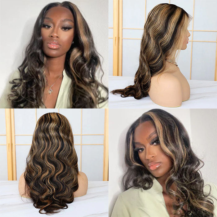 Lace Frontal Highlight Honey Blonde 1B/27 Body Wave Pre-Plucked Human Hair Wigs