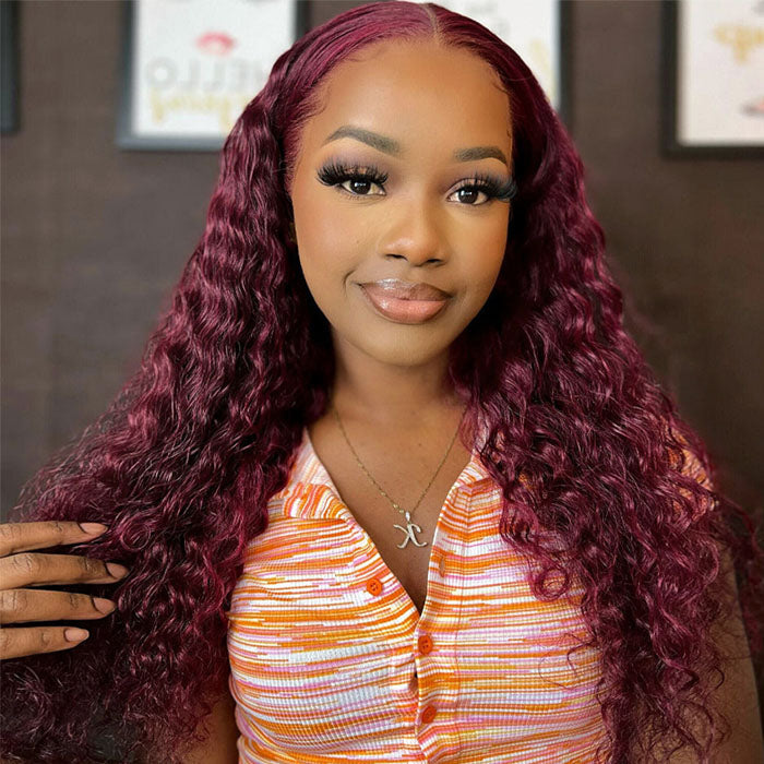 Flash Sale-99J Burgundy Deep Wave Human Hair Wigs 4x4 HD Lace Closure Wigs