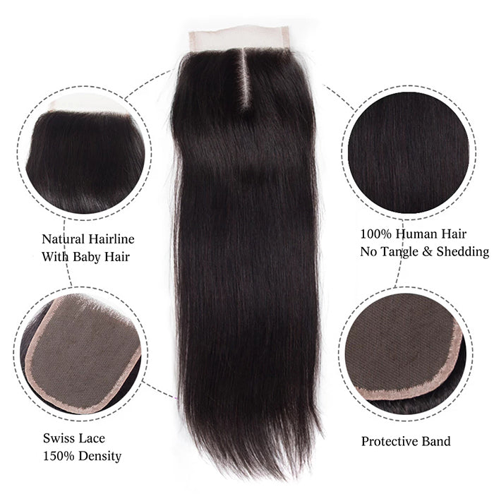 Malaysian Straight Hair 3 Bundles with 4*4 Closure Soft Unprocessed Virgin Human Hair