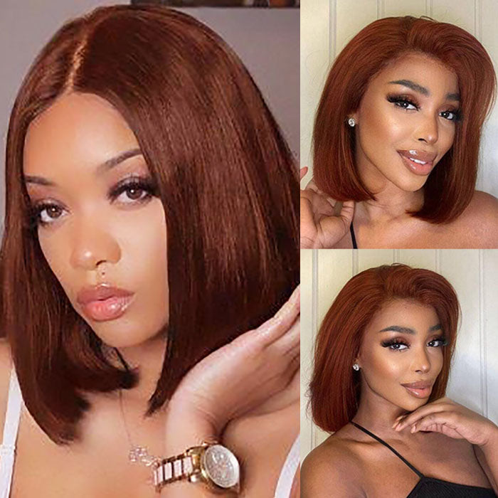 #33 Dark Auburn Color Straight Short Bob Red Brown Wigs 13x4 Bob Lace Frontal Wigs 150% Density