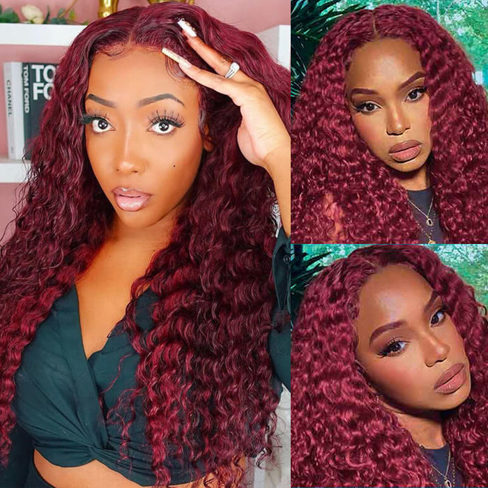 Flash Sale-99J Burgundy Deep Wave Human Hair Wigs 4x4 HD Lace Closure Wigs