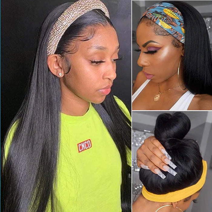 Headband Wigs Straight Human Hair No Gel No Glue Silk Scarf Wigs