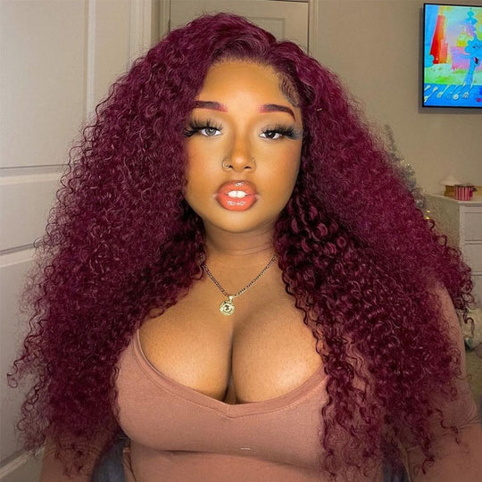 99J Burgundy Color 13x4 HD Lace Front Wigs Pre Plucked Long Curly Virgin Human Hair Wigs