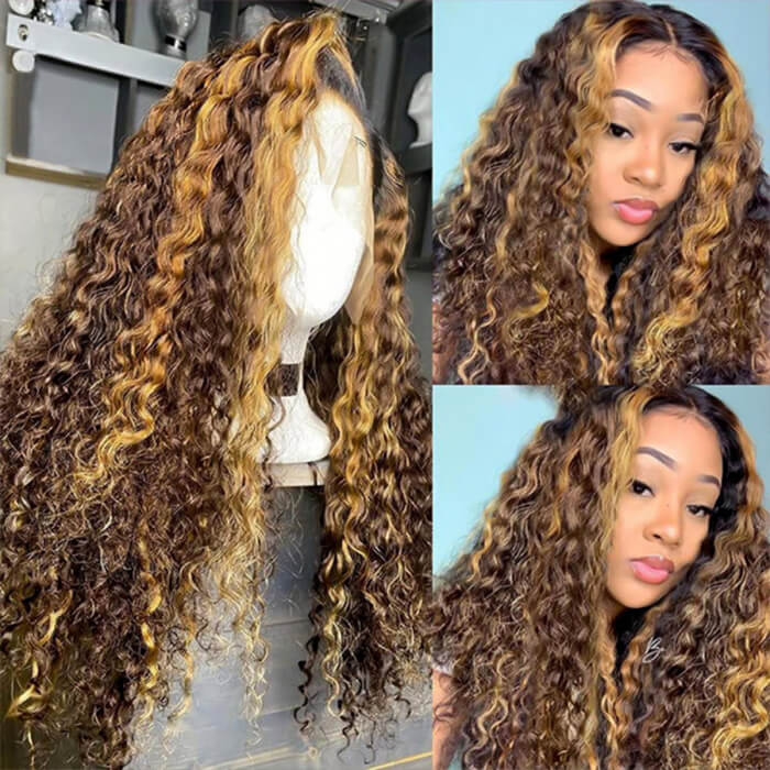 Highlighted Deep Wave Wigs #4/27 Ombre Colored Wig Brown Wigs With Blonde Highlighted Lace Front Human Hair Wigs
