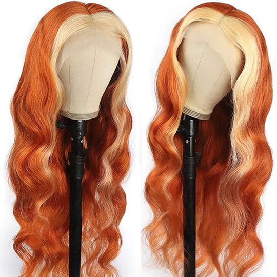 Ginger Wigs With Blonde Highlights Colored Lace Front Wigs Body Wave Ombre Human Hair Wigs