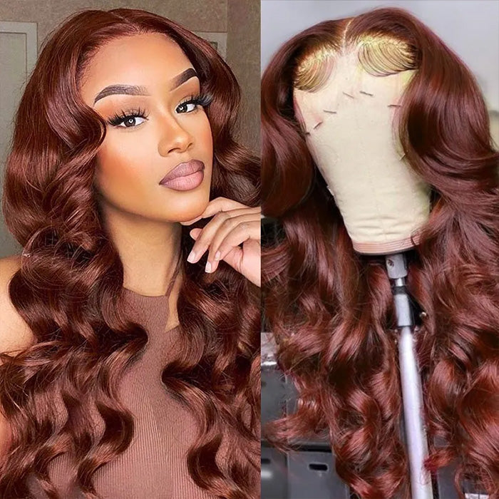 Reddish Brown 13x4 HD Lace Human Hair Wigs #33B Auburn Colored Body Wave Wigs