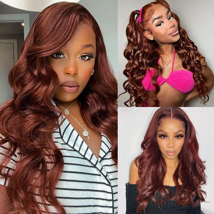 Reddish Brown 13x4 HD Lace Human Hair Wigs #33B Auburn Colored Body Wave Wigs