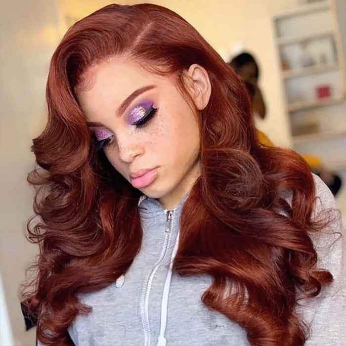 Reddish Brown 13x4 HD Lace Human Hair Wigs #33B Auburn Colored Body Wave Wigs