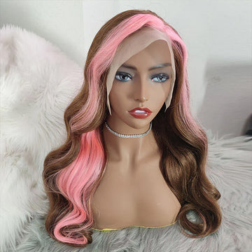 Strawberry Pink & Chocolate Skunk Stripe Color Wigs Straight and Body Wave 13*4 Lace Front Wigs