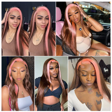 Strawberry Pink & Chocolate Skunk Stripe Color Wigs Straight and Body Wave 13*4 Lace Front Wigs