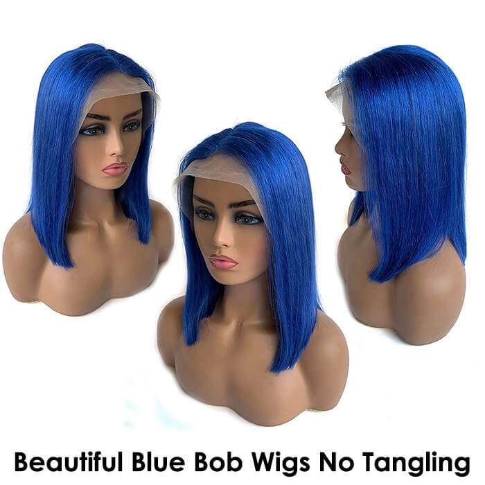 Blue Bob Wigs 150% Density Straight 13x4 Lace Front Human Hair Wigs Natural Hairline Bob Wigs