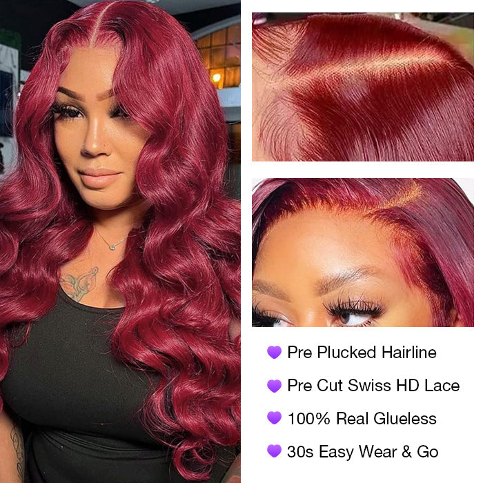 Glueless Wear & Go Wigs Upgrade 8*5 Pre Cut HD Lace Closure Wigs #99J Burgundy Color