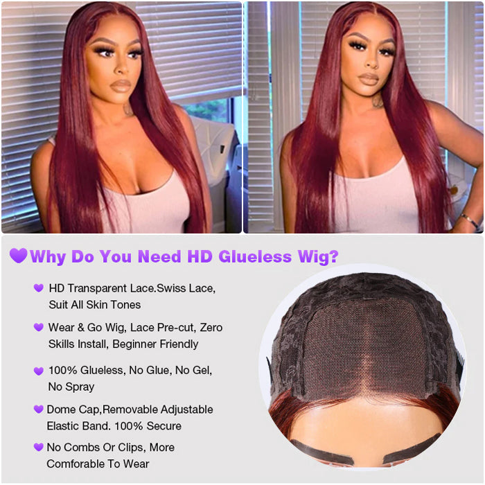 99J Burgundy Wigs Straight/Body Wave 5x5 Pre Cut HD Lace Closure Wigs Pre Plucked Human Hair Wigs Natural Hairline