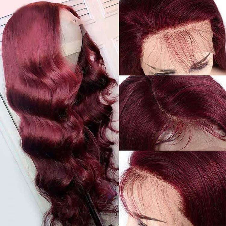 99J Straight/Body Wave 13x4 Burgundy HD Lace Front Pre Plucked Colored Human Hair Wigs for Women