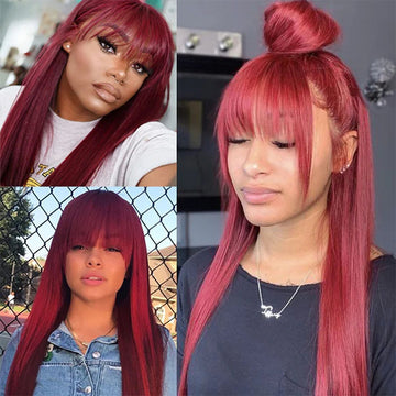 Burgundy 99J Silk Straight Human Hair Wigs with Bangs Glueless Top 2x4 Lace Wigs Fringe Style