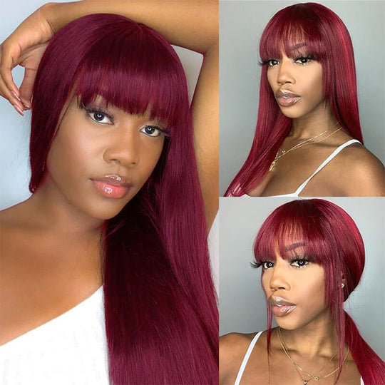 Burgundy 99J Silk Straight Human Hair Wigs with Bangs Glueless Top 2x4 Lace Wigs Fringe Style