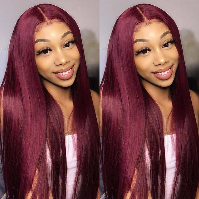 99J Straight/Body Wave 13x4 Burgundy HD Lace Front Pre Plucked Colored Human Hair Wigs for Women