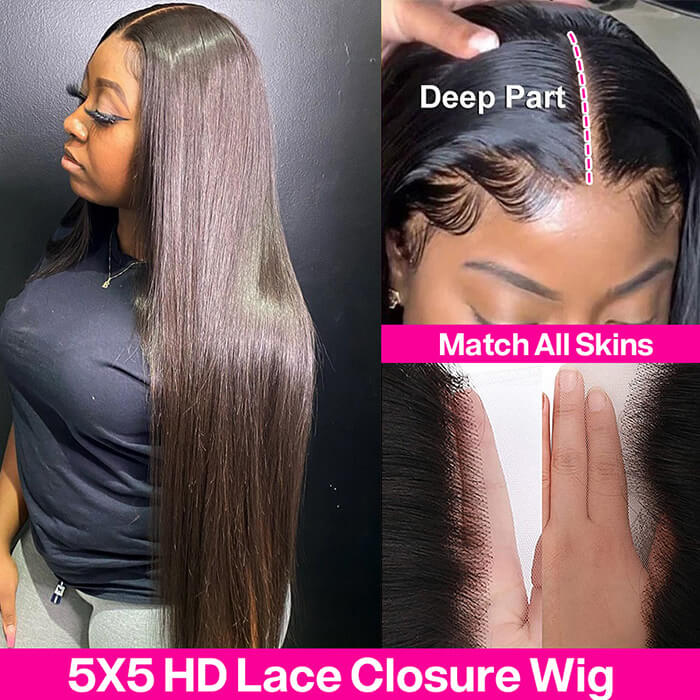 5x5 HD Invisible Lace Closure Wigs Straight Hair Glueless Human Hair Wigs For Women