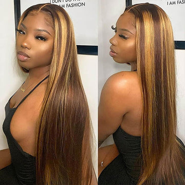 4/27 Highlight Brown Straight Wigs 4x4 13x4 13x6 HD Lace Front Wigs Honey Blonde Human Hair Wigs