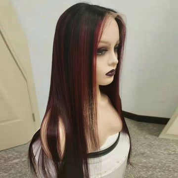 Black Wigs With 99J Burgundy Highlight Mixed Colored 13*4/5x5 HD Lace Front Wigs Money Piece Hair