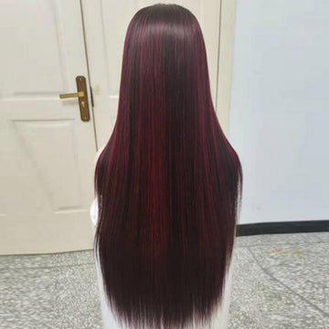 Black Wigs With 99J Burgundy Highlight Mixed Colored 13*4/5x5 HD Lace Front Wigs Money Piece Hair