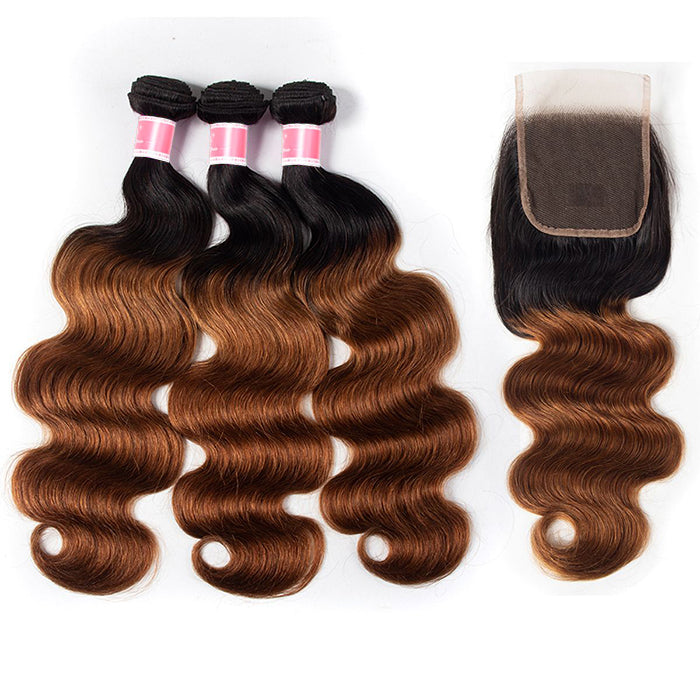 Ombre T1b/99J Body Wave 3 Bundles with Closure Free Part Virgin Human Hair Free Part