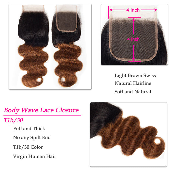 Ombre T1b/99J Body Wave 3 Bundles with Closure Free Part Virgin Human Hair Free Part