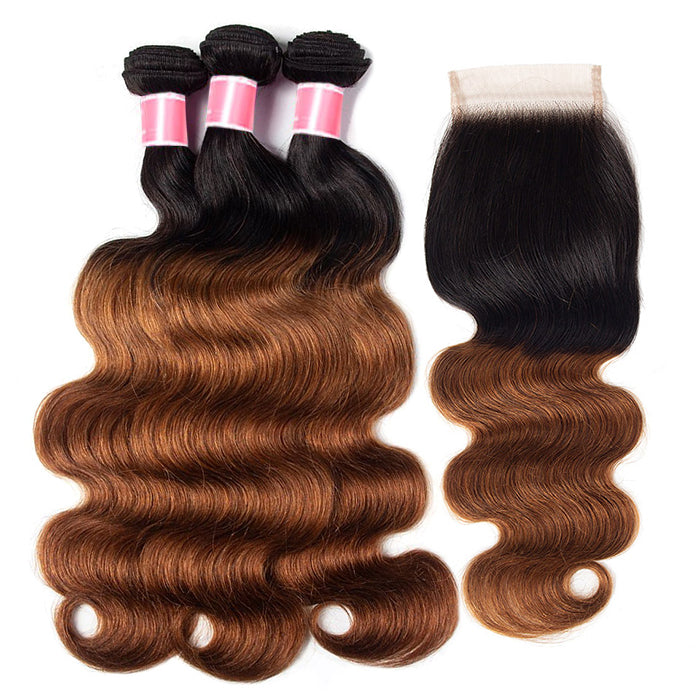 Ombre T1b/99J Body Wave 3 Bundles with Closure Free Part Virgin Human Hair Free Part