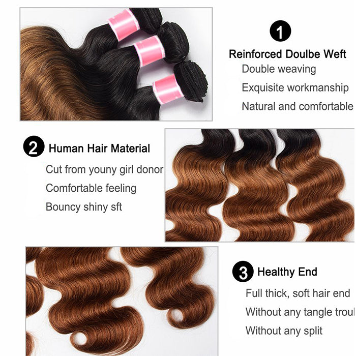 Ombre T1b/99J Body Wave 3 Bundles with Closure Free Part Virgin Human Hair Free Part