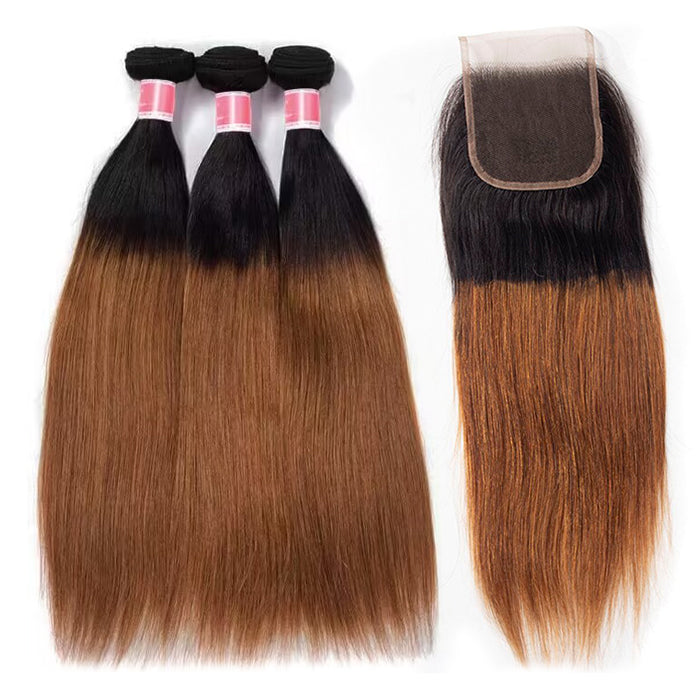 Ombre T1b/99J Straight Hair 3 Bundles with Closure Free Part Virgin Human Hair Free Part