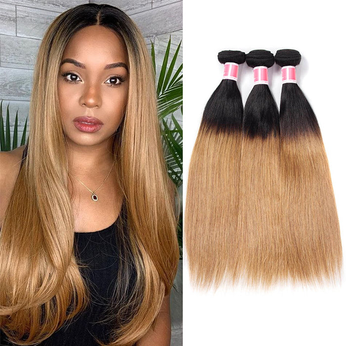 Ombre Peruvian Virgin Straight Hair 3/4 Bundles Deal Two Tone 1B/27 Human Hair Weave Extensions