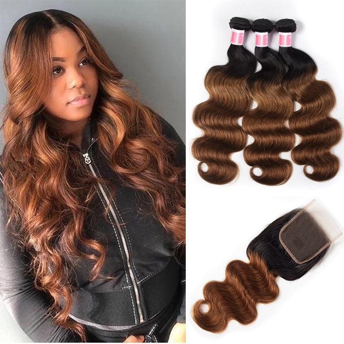 Ombre T1b/99J Body Wave 3 Bundles with Closure Free Part Virgin Human Hair Free Part