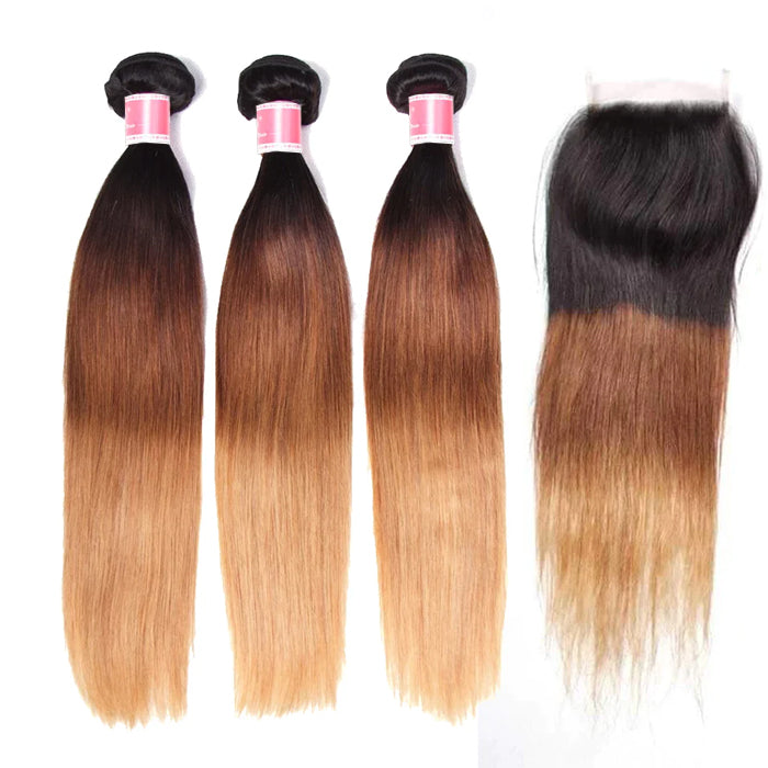 Ombre T1b/4/27 Straight Hair 3 Bundles with Closure 100% Unprocessed Virgin Human Hair Free Part