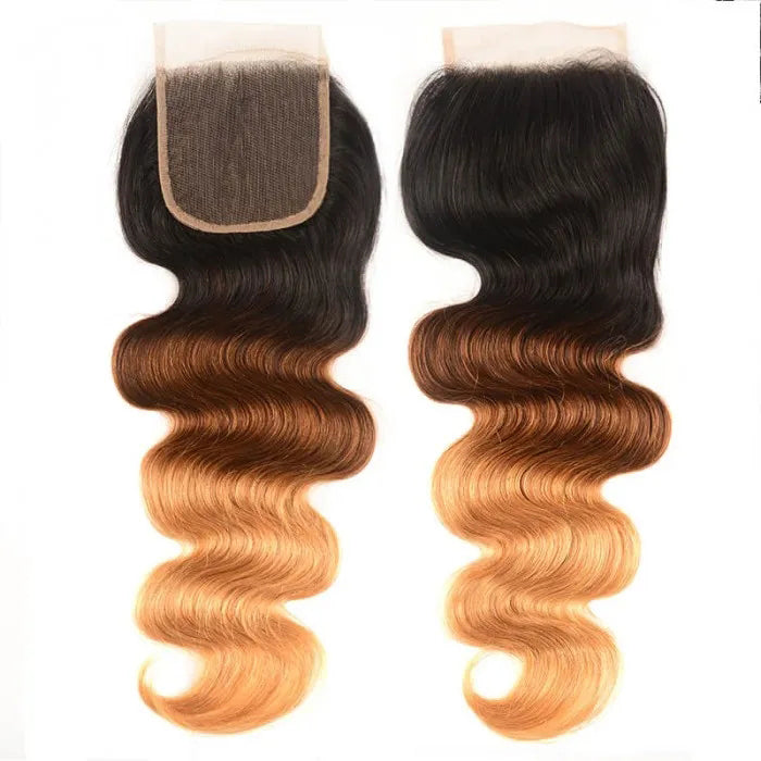 T1B/4/27 Ombre Body Weave Hair Free Part 4x4 HD Transparent Lace Closure Virgin Human Hair