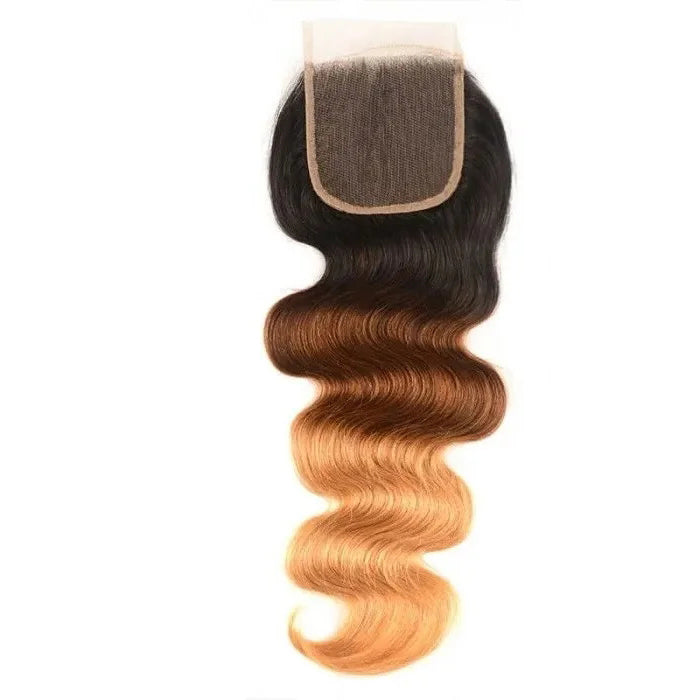 T1B/4/27 Ombre Body Weave Hair Free Part 4x4 HD Transparent Lace Closure Virgin Human Hair