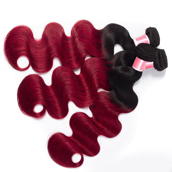 Ombre T1B/99J Brazilian Virgin Body Wave 3/4 Bundles 10A Burgundy Human Hair Weave