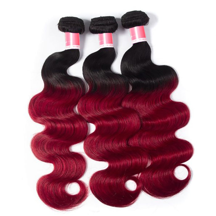 Ombre T1B/99J Brazilian Virgin Body Wave 3/4 Bundles 10A Burgundy Human Hair Weave