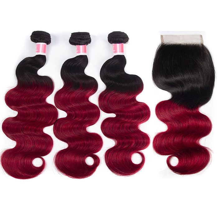 Ombre T1b/99J Body Wave 3 Bundles with Closure Free Part Virgin Human Hair Free Part