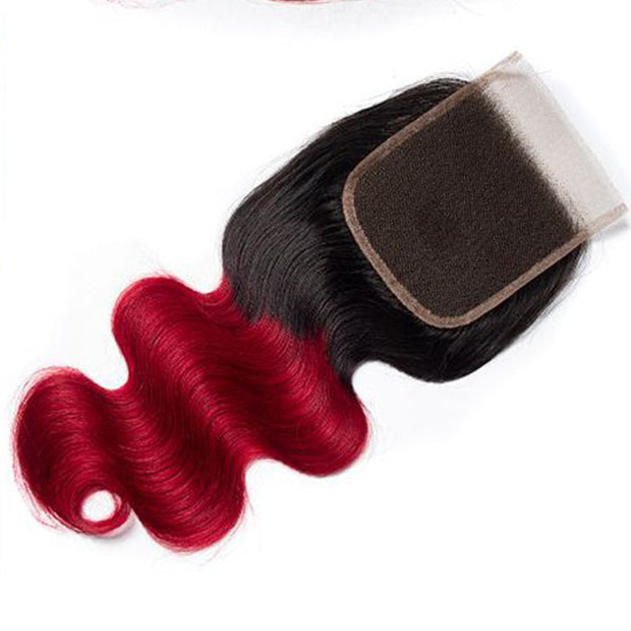 Ombre T1b/99J Body Wave 3 Bundles with Closure Free Part Virgin Human Hair Free Part