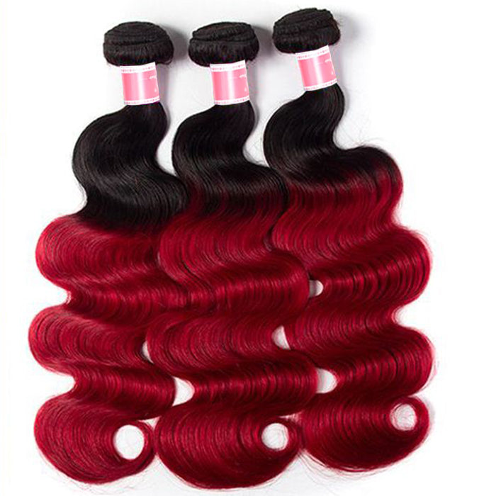 Ombre T1b/99J Body Wave 3 Bundles with Closure Free Part Virgin Human Hair Free Part