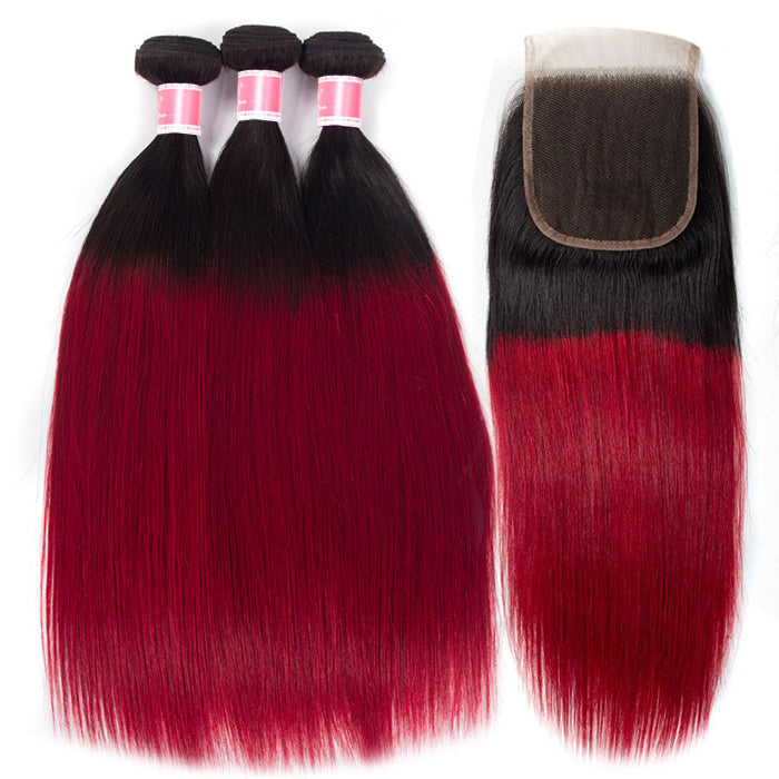 Ombre T1b/99J Straight Hair 3 Bundles with Closure Free Part Virgin Human Hair Free Part