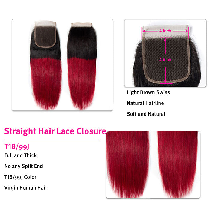 Ombre T1b/99J Straight Hair 3 Bundles with Closure Free Part Virgin Human Hair Free Part