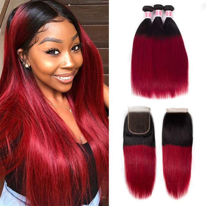 Ombre T1b/99J Straight Hair 3 Bundles with Closure Free Part Virgin Human Hair Free Part