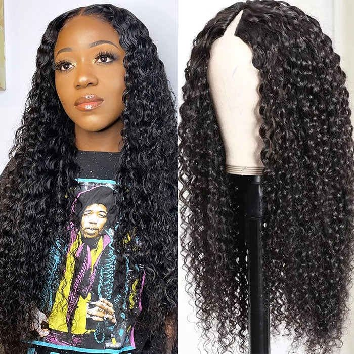 Glueless V/U Part Jerry Curly Wigs No Leave Out Affordable Human Hair Wigs Beginner Friendly