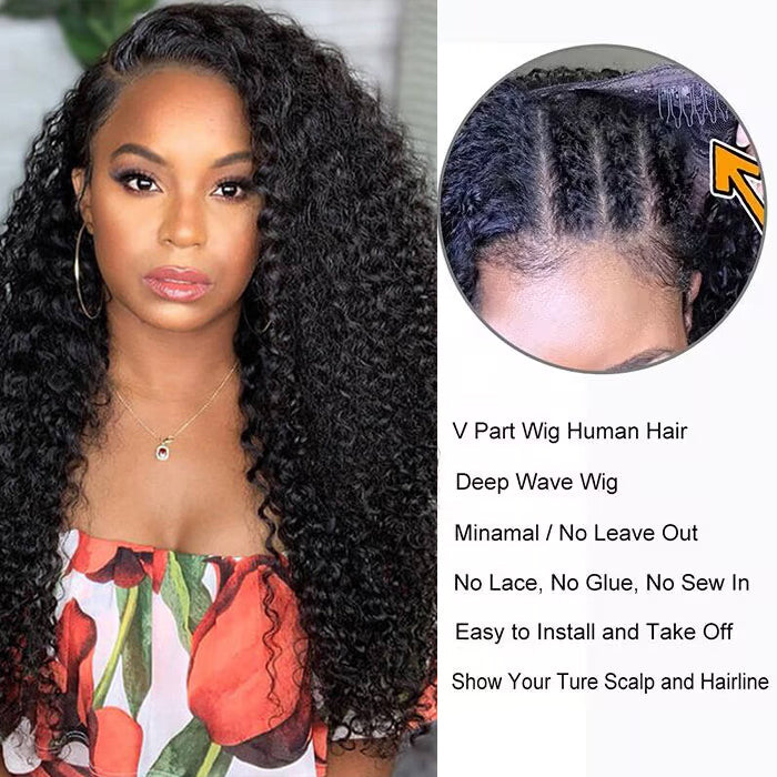 Glueless V/U Part Jerry Curly Wigs No Leave Out Affordable Human Hair Wigs Beginner Friendly