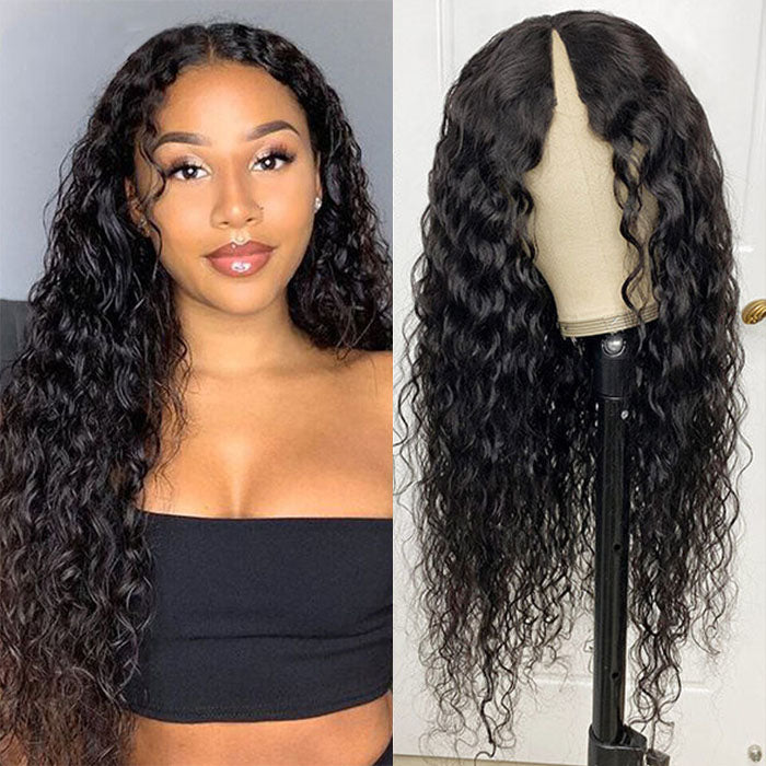 Water Wave V/U Part Human Hair Wigs No Leave Out Beginner Friendly Easy Install